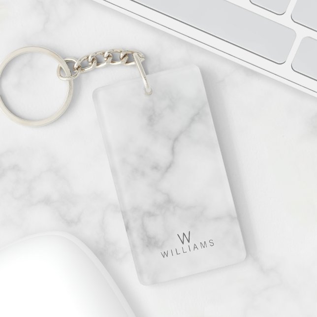 White Marble with Personalised Monogram and Name Key Ring (Creator Uploaded)