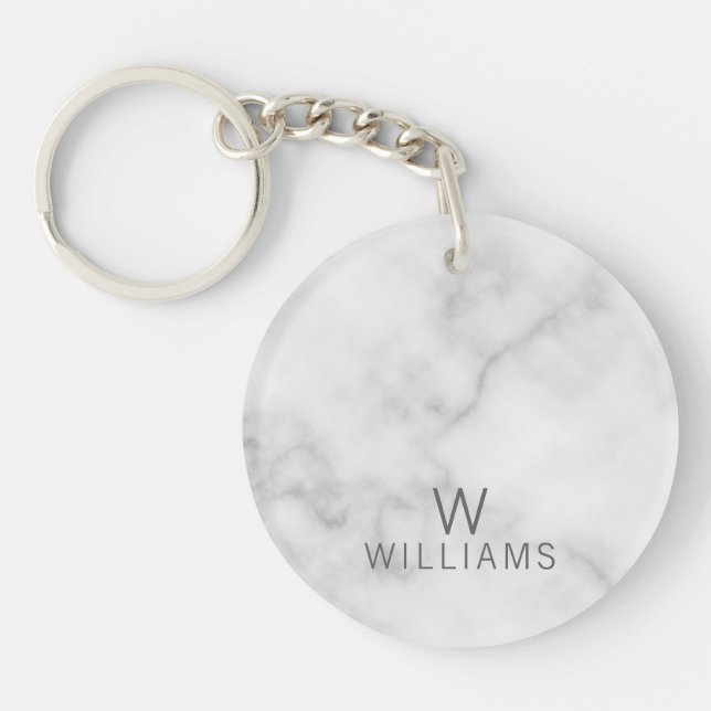 White Marble with Personalised Monogram and Name Key Ring (Front)