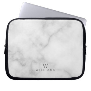 White Marble with Personalised Monogram and Name Laptop Sleeve