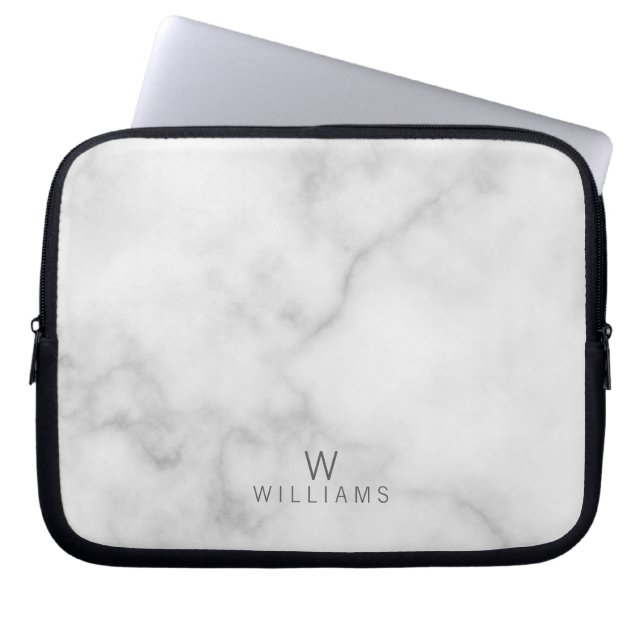 White Marble with Personalised Monogram and Name Laptop Sleeve (Front)