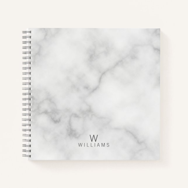 White Marble with Personalised Monogram and Name Notebook (Front)