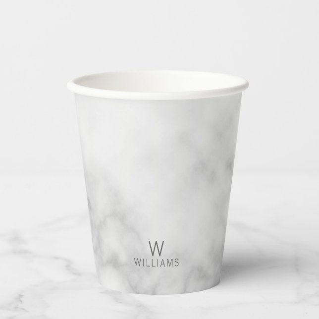 White Marble with Personalised Monogram and Name Paper Cups (Front)
