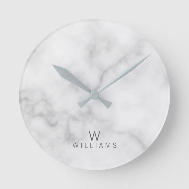 White Marble with Personalised Monogram and Name Round Clock (Front)