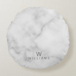 White Marble with Personalised Monogram and Name Round Cushion<br><div class="desc">White Marble with Personalised Monogram and Name Gift
featuring monogram and name in grey modern sans serif font style on white marble background.

Perfect as housewarming gift,  wedding gift,  holiday gift,  family reunion gift and gift for any special occasions.</div>