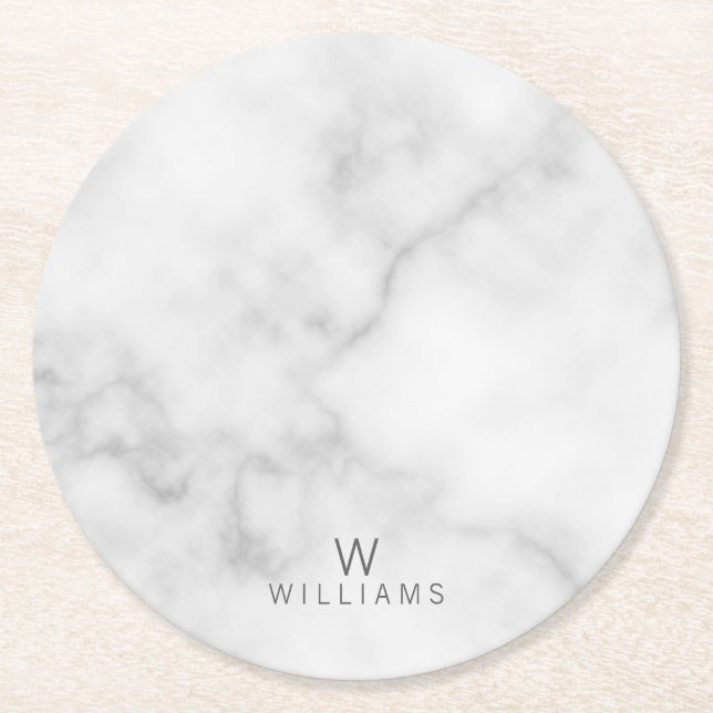 White Marble with Personalised Monogram and Name Round Paper Coaster (Front)