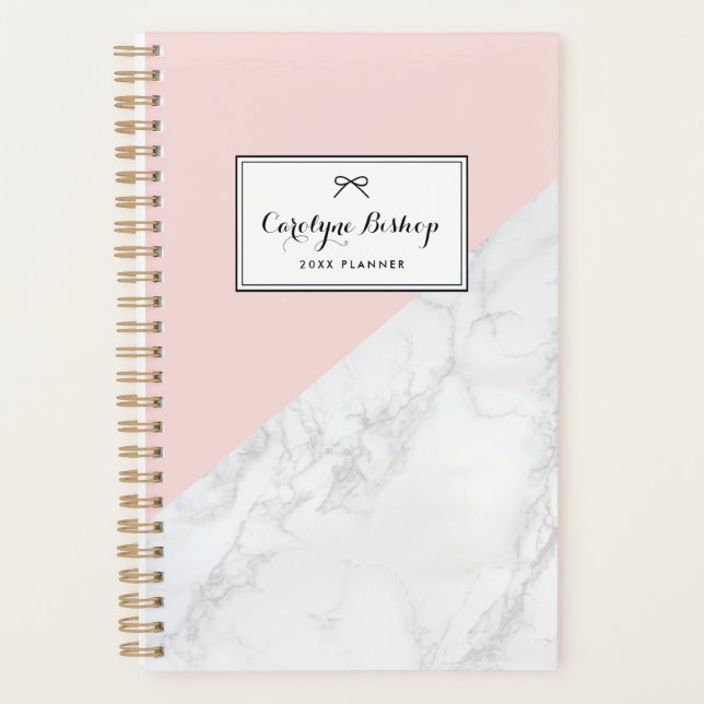 White Marble with Pink Accent Personalised Planner (Front)