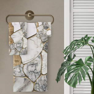 White Marbles and Gold Voronoi Abstract Bath Towel Set