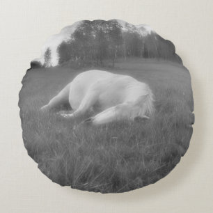 White Mare Resting in Field on a Horse Ranch Round Cushion