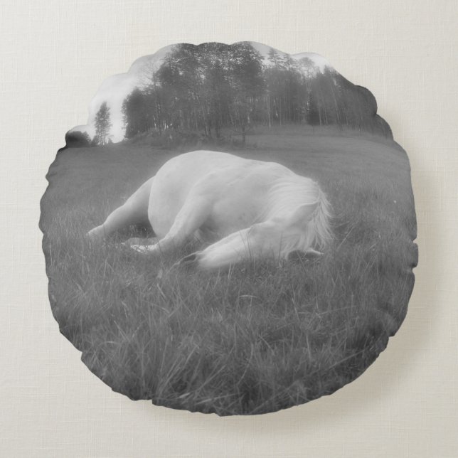 White Mare Resting in Field on a Horse Ranch Round Cushion (Front)
