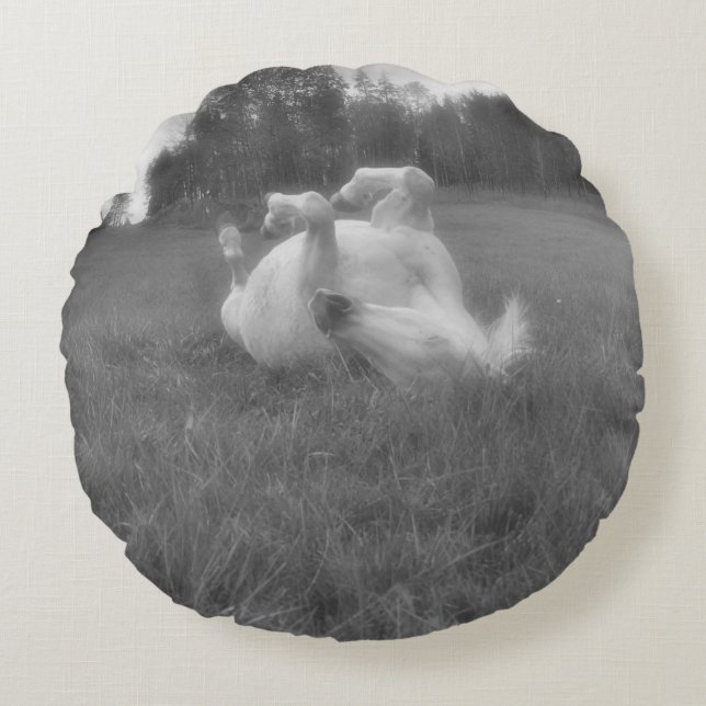White Mare Rolling in Grass on a Horse Ranch Round Cushion (Front)