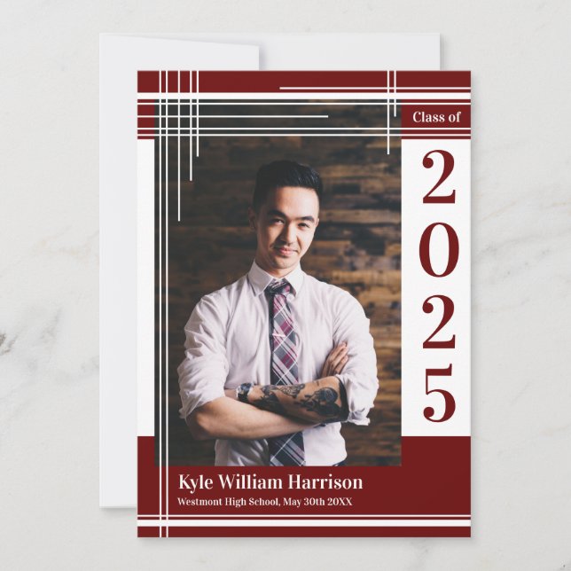 White Maroon School Color Graduation Photo Plaid Invitation (Front)