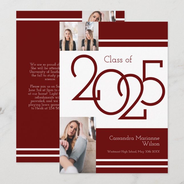 White Maroon School Colours Graduation Announcemen Invitation (Front/Back)