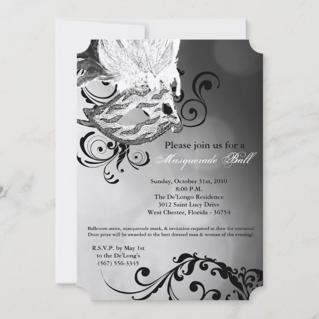 White Masquerade Ball Mask Costume Halloween Part Invitation (Front)