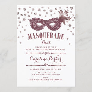 White Mauve Pink Masquerade Ball Birthday Party Invitation