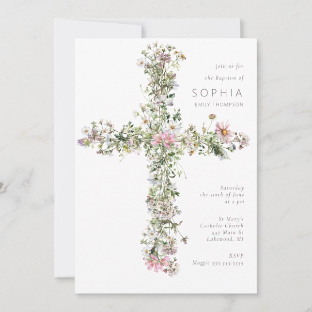 White Meadow wildflower cross Baptism Christening Invitation (Front)