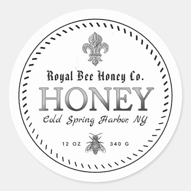 White Mediaeval Fleur De Lis Honey Label with Bee (Front)