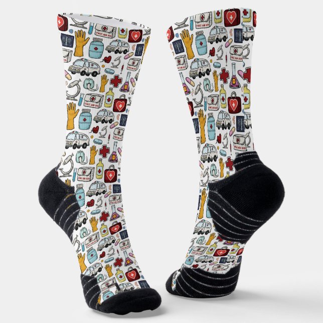White Medical Field Print Athletic  Socks (Angled)