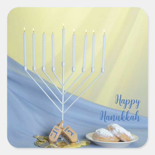 White Menorah Gold Coins & Dreidels Happy Hanukkah Square Sticker (Front)