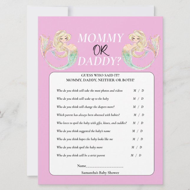 White Mermaid Mother to Be. Mummy or Daddy Pink Invitation (Front)
