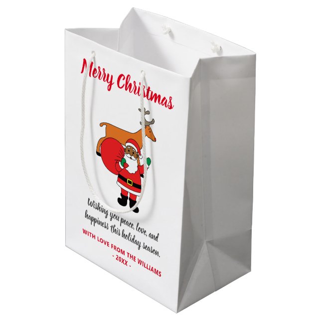 White Merry Christmas African American Santa Claus Medium Gift Bag (Back Angled)