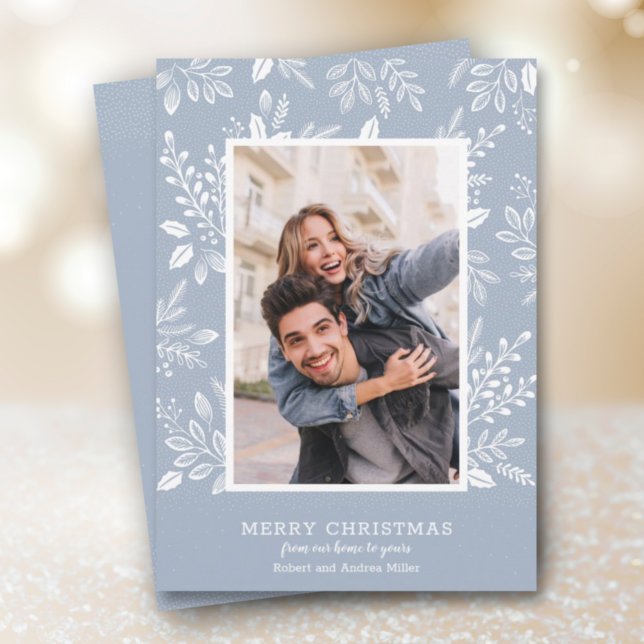 White Merry Christmas Dusty Blue Photo Holiday Card (Creator Uploaded)