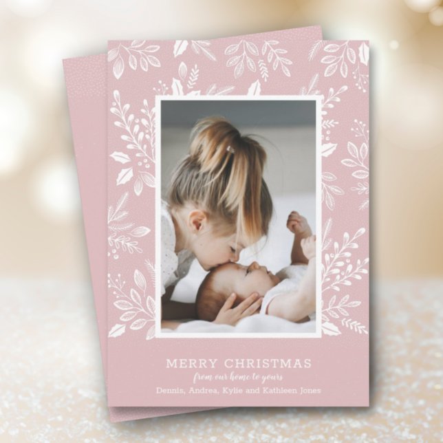 White Merry Christmas Dusty Pink Photo Holiday Card (Creator Uploaded)