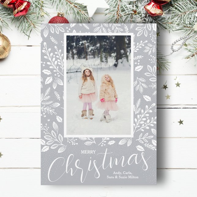 White Merry Christmas Gray Photo Holiday Card (White botanicals on gray Merry Christmas photo holiday cards, PRINTED and/or INSTANT DOWNLOAD)