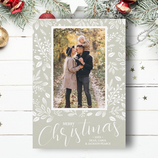 White Merry Christmas Greenery Photo Holiday Card (White botanicals on sage green Merry Christmas photo holiday cards, PRINTED and/or INSTANT DOWNLOAD)