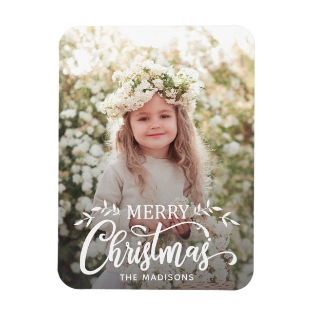 White Merry Christmas Holiday Photo Magnet (Vertical)