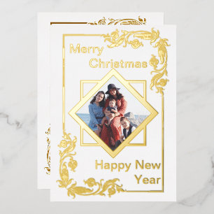 White Merry Christmas Photo Happy New Year Foil Holiday Card