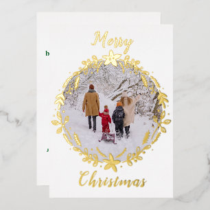 White Merry Christmas Photo Wreath One Photo Foil Holiday Card