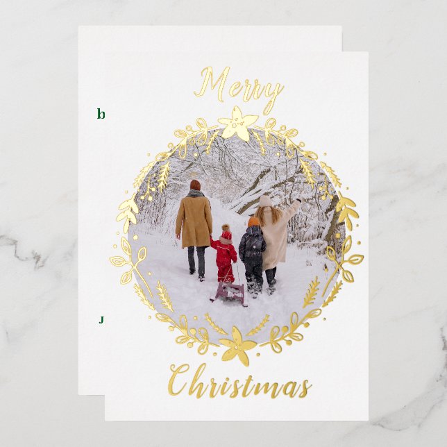 White Merry Christmas Photo Wreath One Photo Foil Holiday Card (Front/Back)