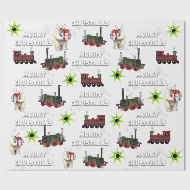 White Merry Christmas Polar Bear Stars Trains Wrapping Paper (Flat)