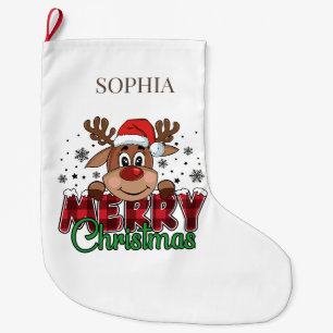 White Merry Christmas Reindeer Custom Name  Large Christmas Stocking