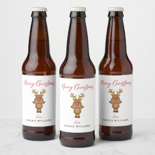 White Merry Christmas Reindeer Gift Present Beer Bottle Label