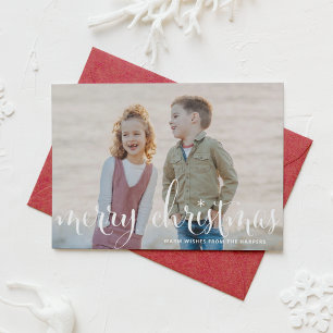 White Merry Christmas Rustic Calligraphy Photo Holiday Card