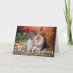 White Merry Christmas Script Holiday Photo Card