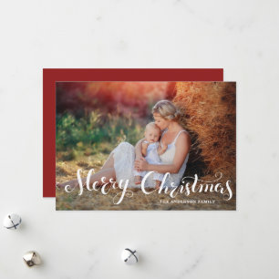 White Merry Christmas Script Holiday Photo Card