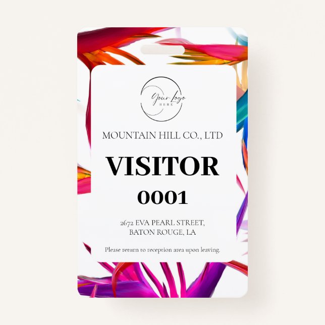White Messy Tropical Colourful Visitor Card Badge ID Badge (Front)