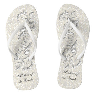 White Metallic Floral & Confetti Glitter   Wedding Flip Flops