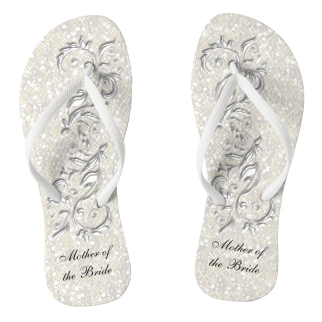 White Metallic Floral & Confetti Glitter | Wedding Flip Flops (Footbed)