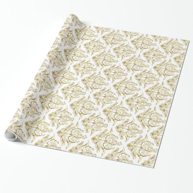 White & Metallic Gold Foil Look Floral Damasks Wrapping Paper (Unrolled)