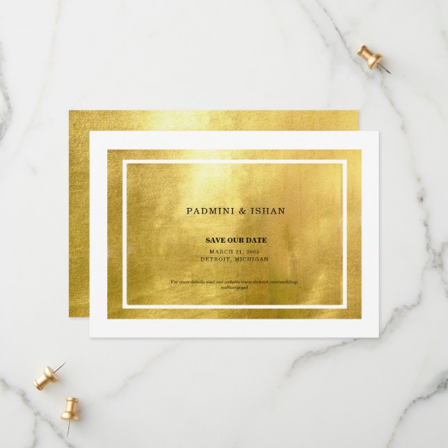 White & Metallic Gold Save The Date (Front/Back In Situ)