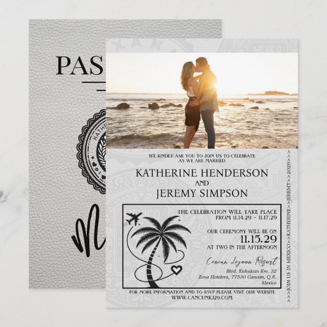 White Mexico Passport Wedding Invitation (Front/Back)