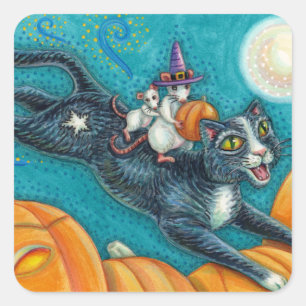 WHITE MICE & BLACK CAT ON HALLOWEEN SCAVENGER HUNT SQUARE STICKER