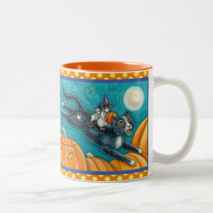 WHITE MICE & BLACK CAT ON HALLOWEEN SCAVENGER HUNT Two-Tone COFFEE MUG