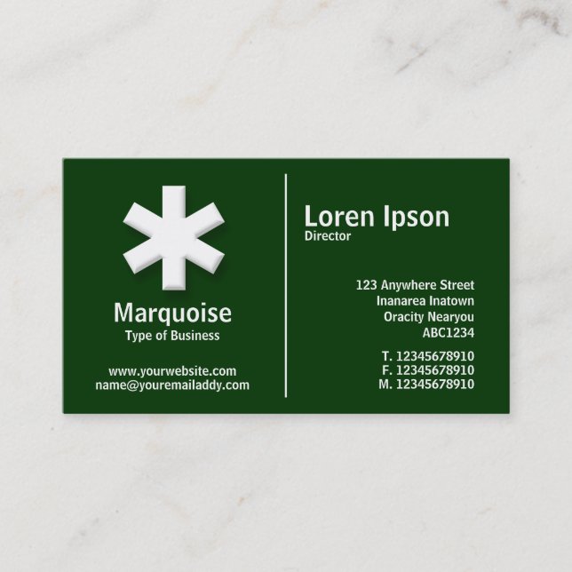 White Middle Rule Asterisk - Dark Green (003300) Business Card (Front)