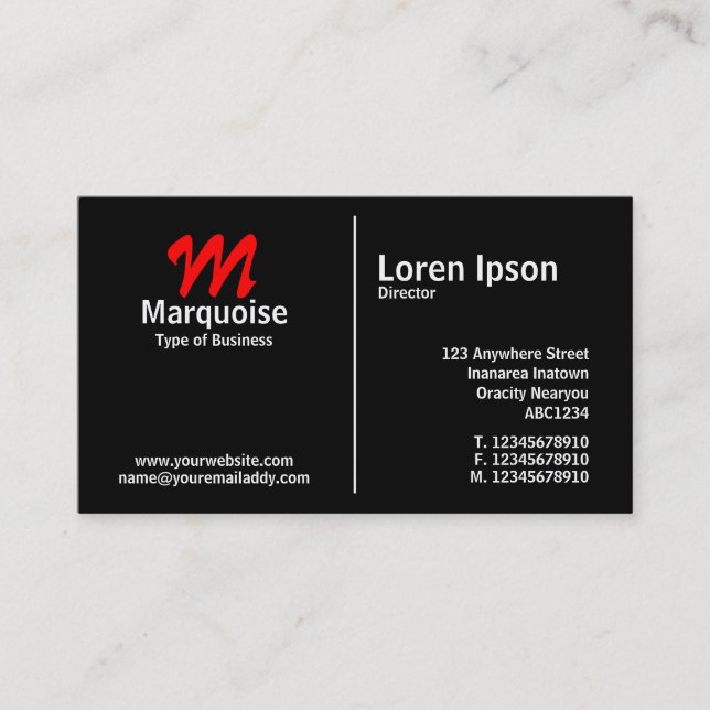 White Middle Rule Monogram - Black Business Card (Front)