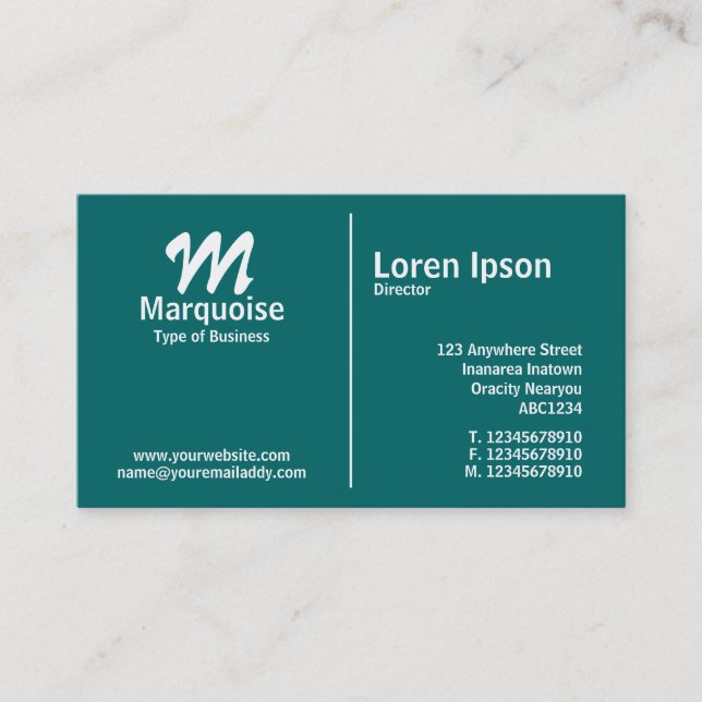 White Middle Rule Monogram - Teal Business Card (Front)