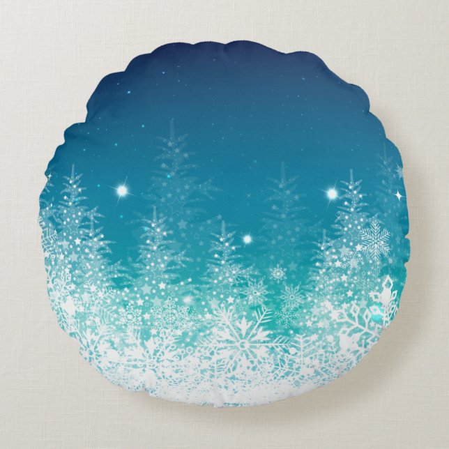White & Midnight Blue Christmas SnowFlakes Round Cushion (Front)